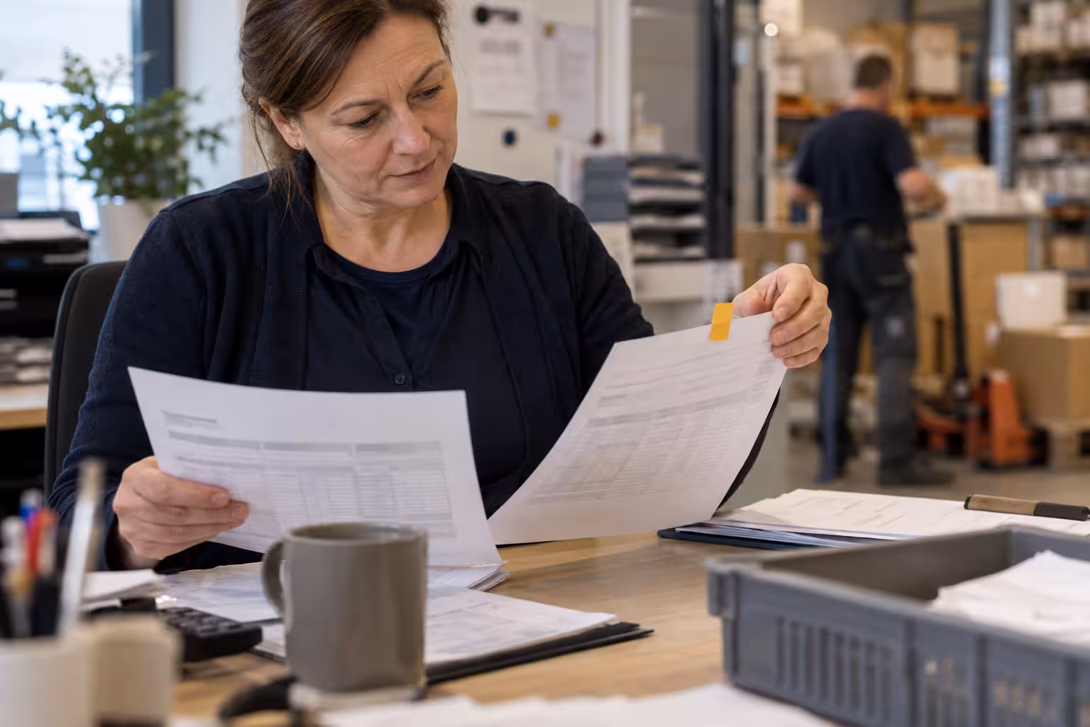 Eine Mitarbeiterin vergleicht zwei Bestellunterlagen am Schreibtisch im Großhandel.